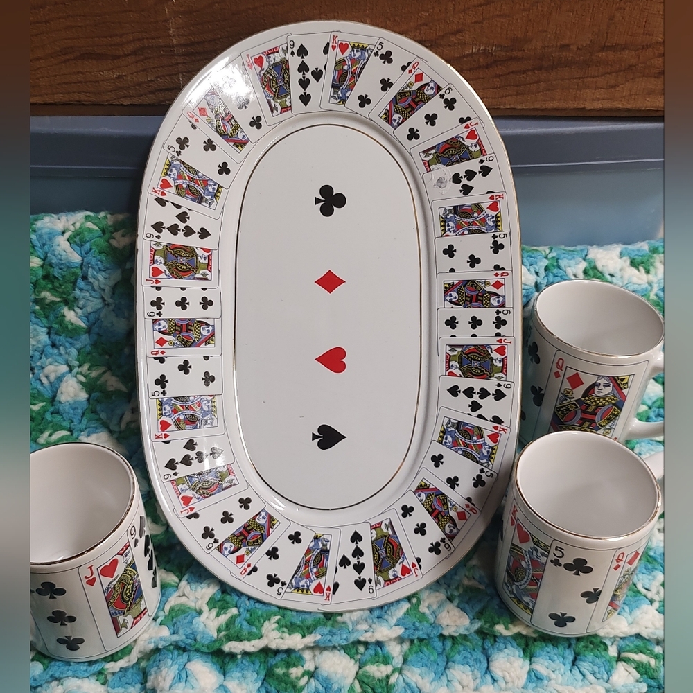 Vintage Royal Flush Playing Card Design Oval Platter and Mug Set